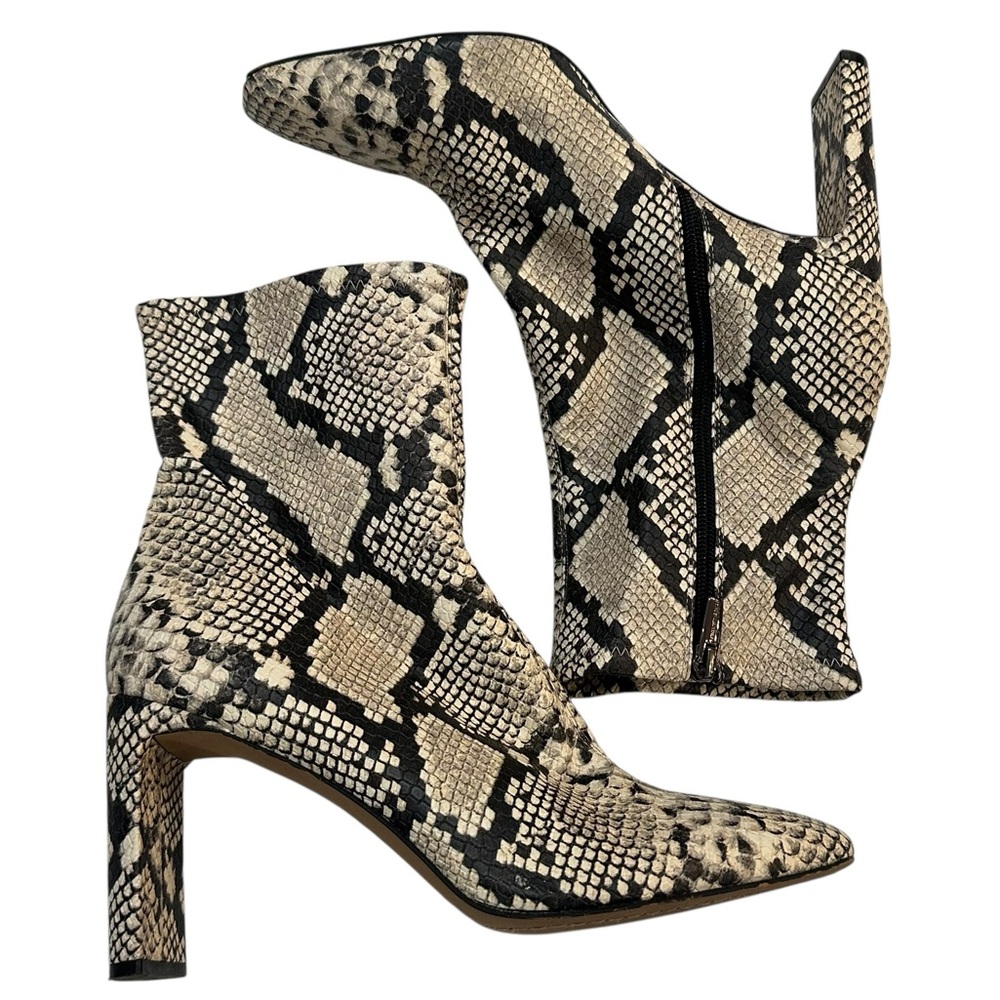 Vince Camuto Deverna Snake Print Stretch Patent Square Toe Block Heel Boots